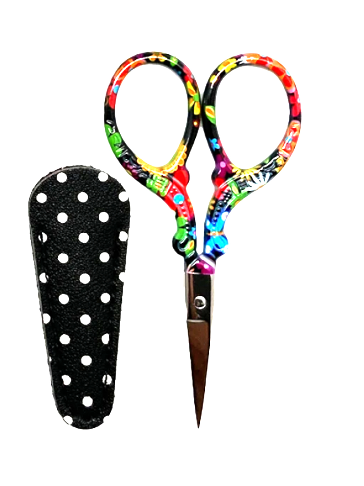 3-1/2 Inch Multi-Color Flower Themed Scissors With Black Polka Dot Sheath