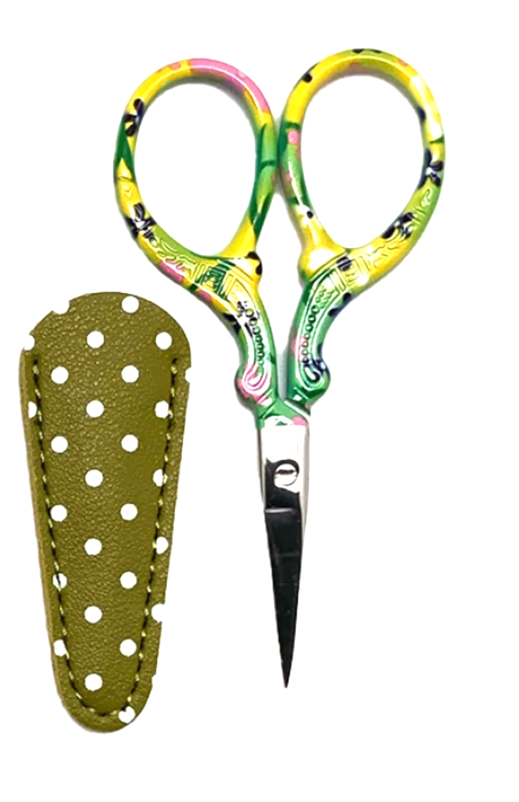 3-1/2 Inch Multi-Color Flower Themed Scissors With Green Polka Dot Sheath