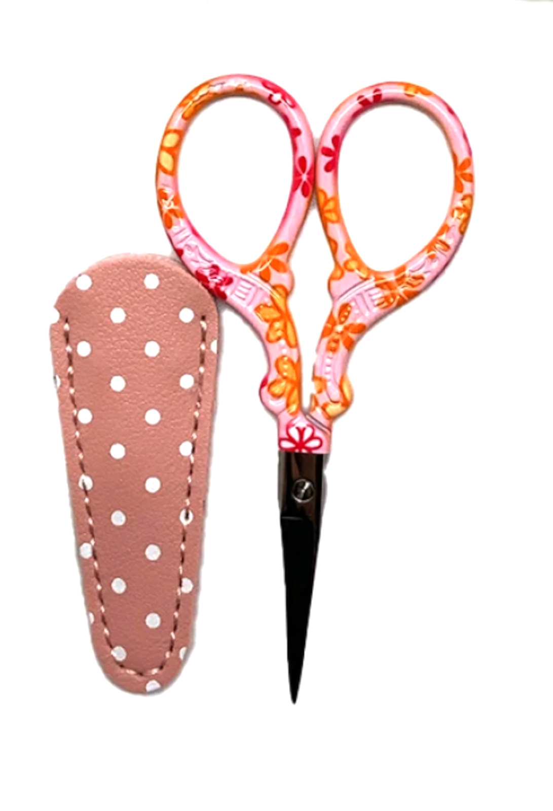 3-1/2 Inch Multi-Color Flower Themed Scissors With Mauve Polka Dot Sheath