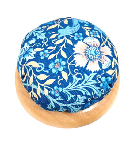 Blue Floral Woodblock Fabric Pincushion with Wood Base