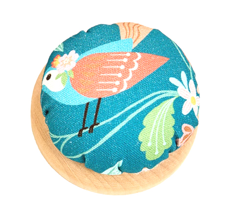 Teal Bird Themed Fabric Pincushion with Wood Base