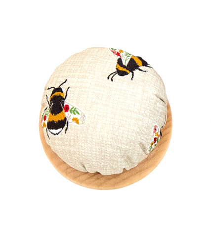 Bee Themed Fabric Pincushion with Wood Base